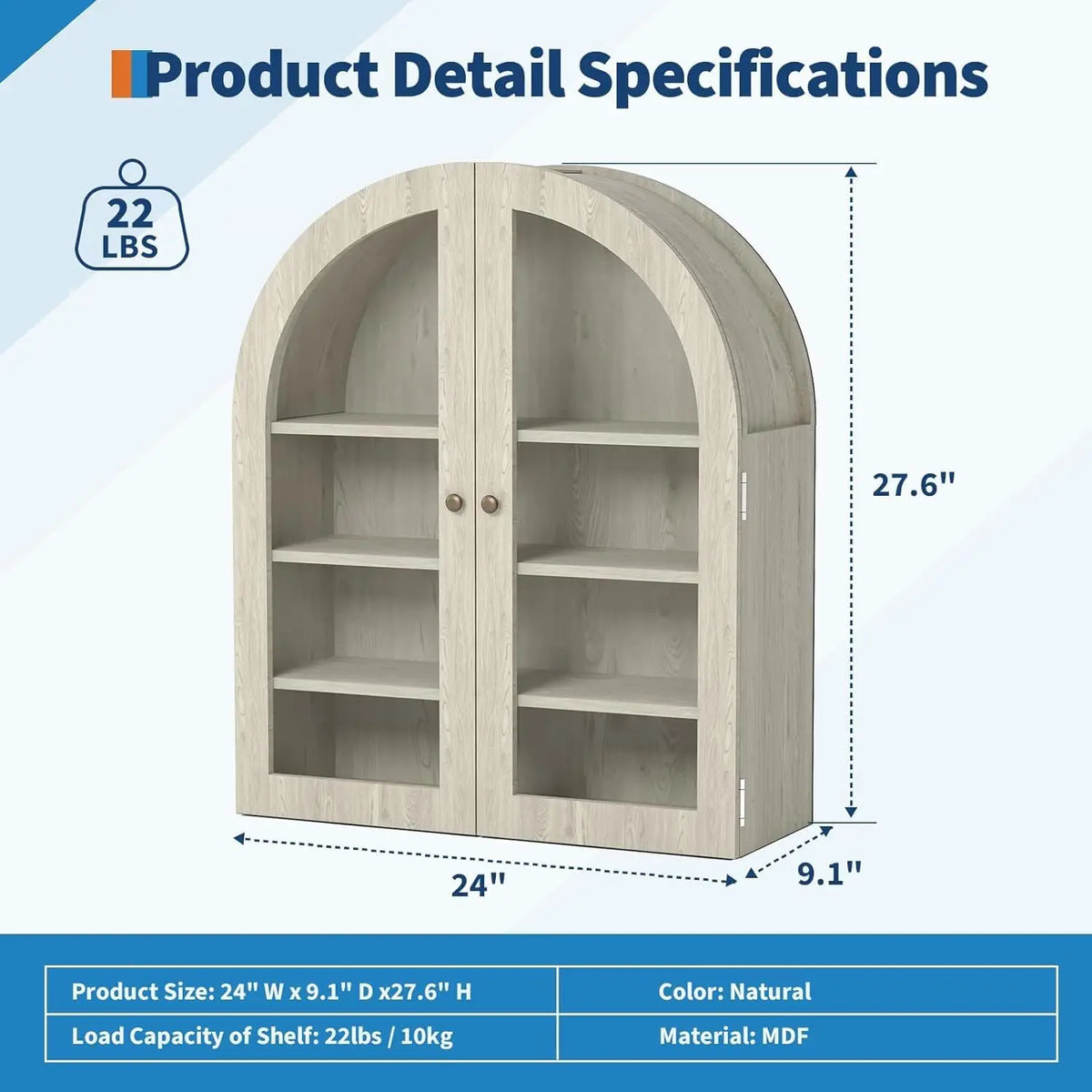 Wood Frame Arched Wall Cabinet With Adjustable Shelves For Bathroom