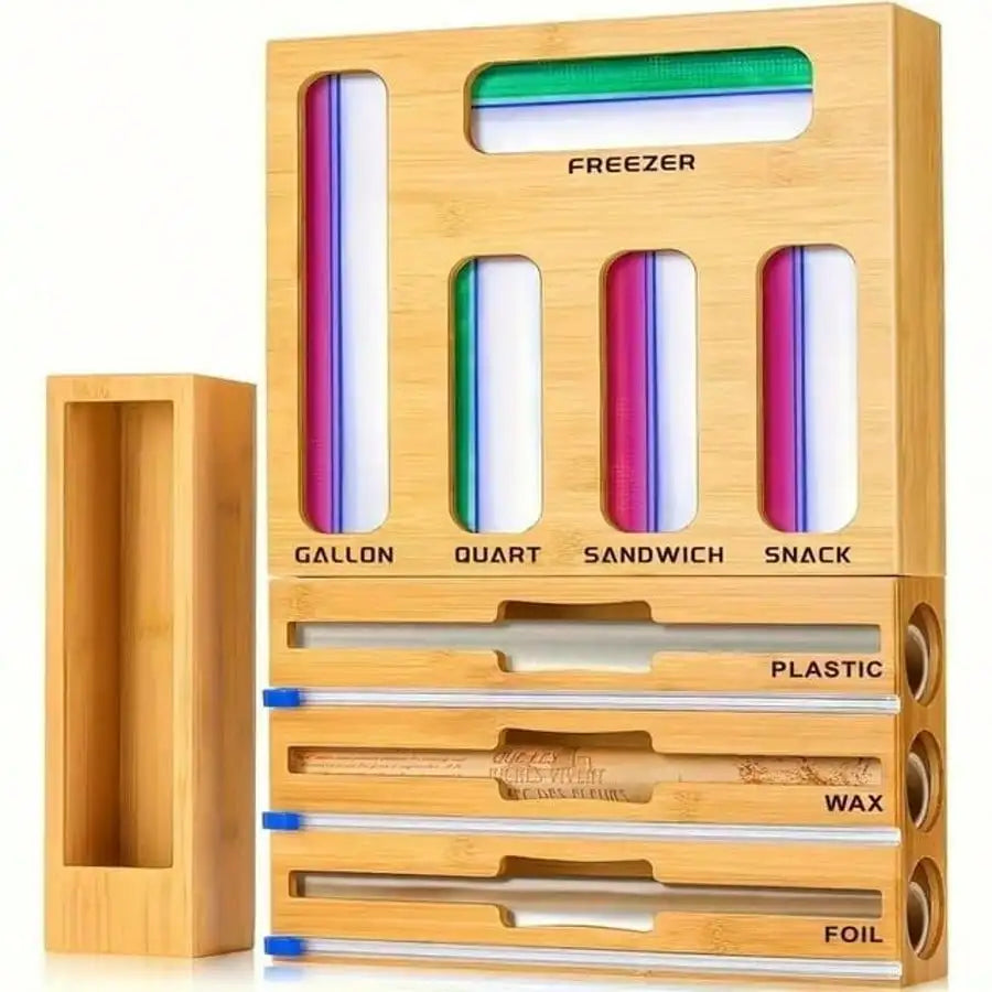 Bamboo Ziplock Bag Organizer With Cutter Kitchen Storage Holder