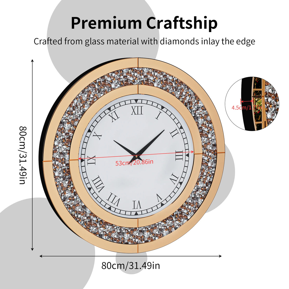 Round Mirror Wall Clock Crystal Sparkle Bling for Wall Decoration