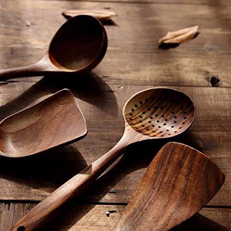Kitchen Teak Wood Utensil Set Five Piece Spoons Server Scraper Spatula