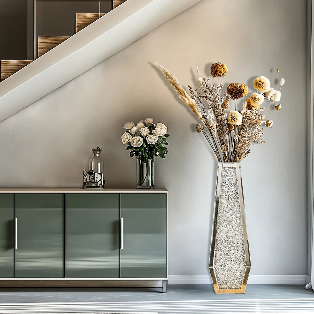 Mirrored Floor Flower Vase With Crushed Diamond Glass Finish