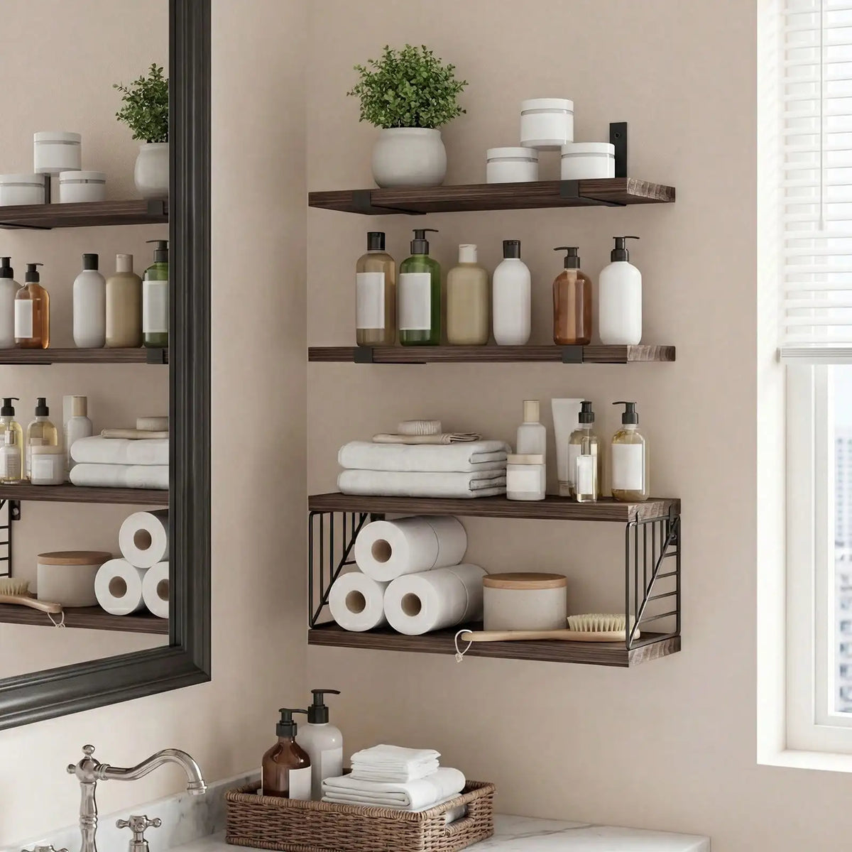 Rustic Farmhouse Wood Floating Storage Shelves For Bathroom