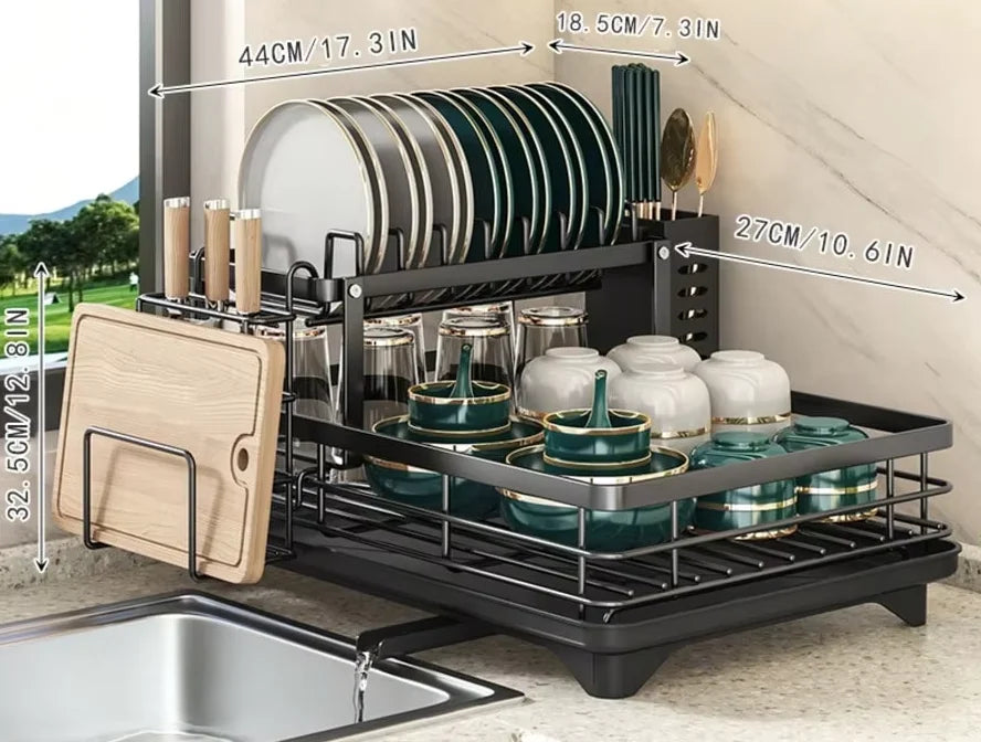 Double Layer Carbon Steel Kitchen Cutlery Rack With Drainer