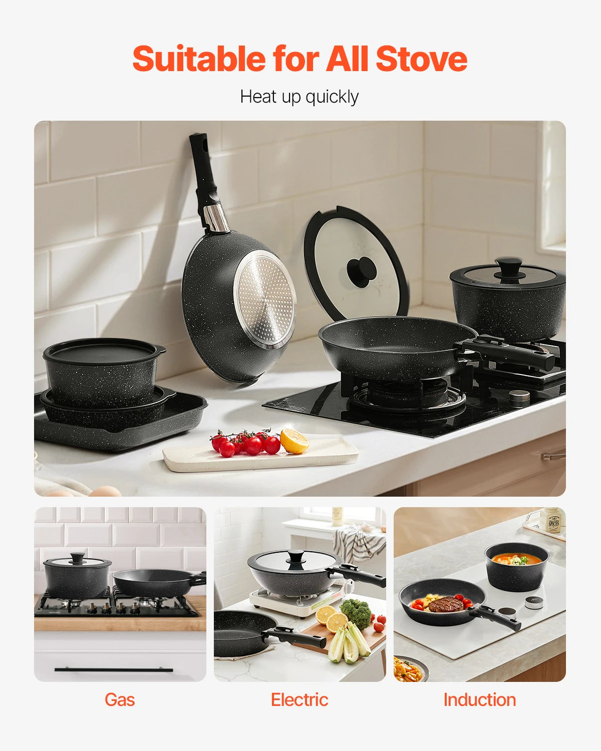 SucceBuy 17 Piece Nonstick Granite Cookware Set For Induction Compatible