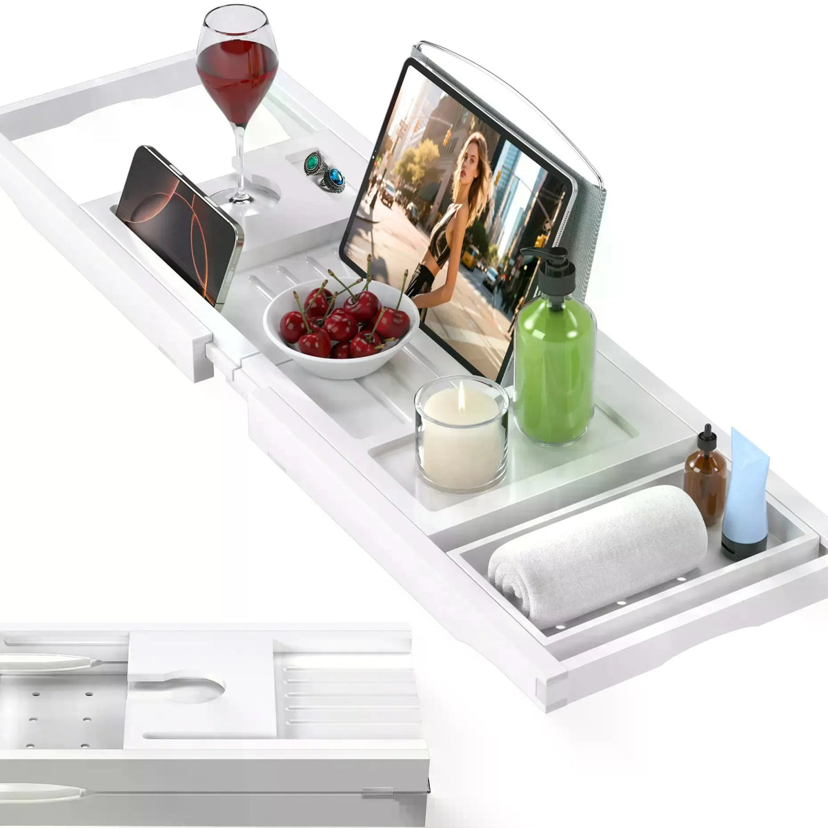 Collapsible Bamboo Bathtub Caddy Tray With Silicone Pad