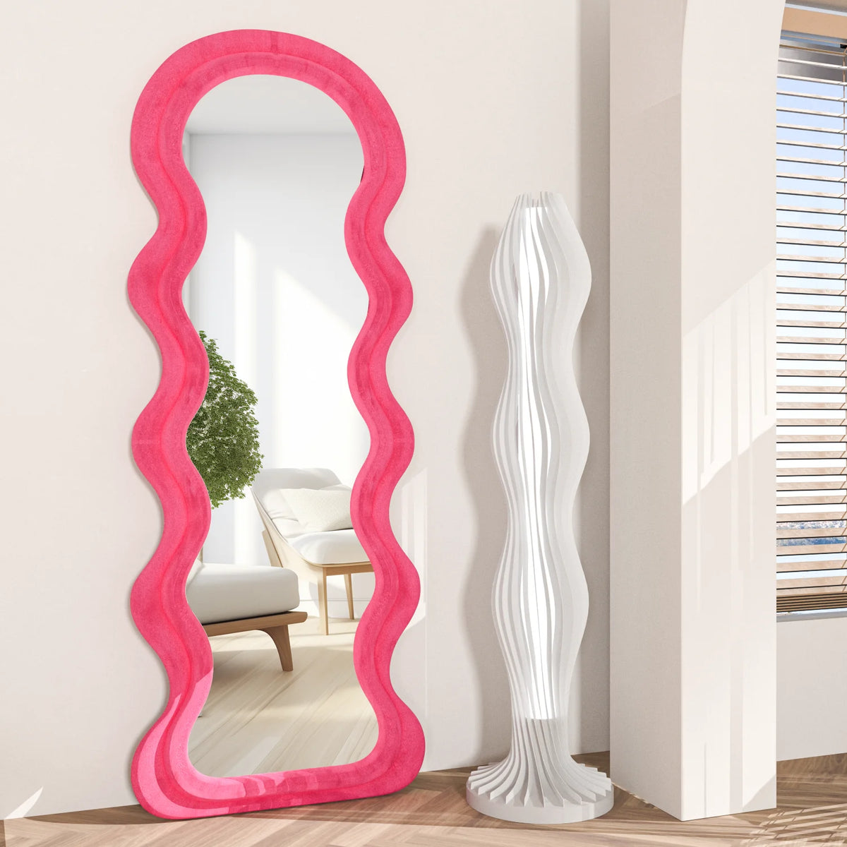 Irregular Wavy Full Length Floor Mirror With Wooden Frame