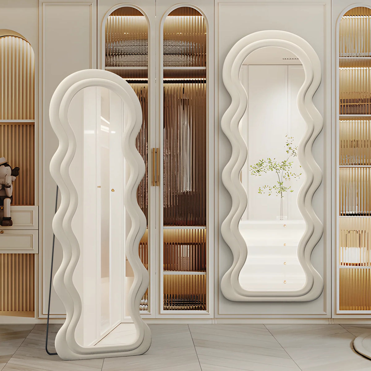 Irregular Wavy Full Length Floor Mirror With Wooden Frame