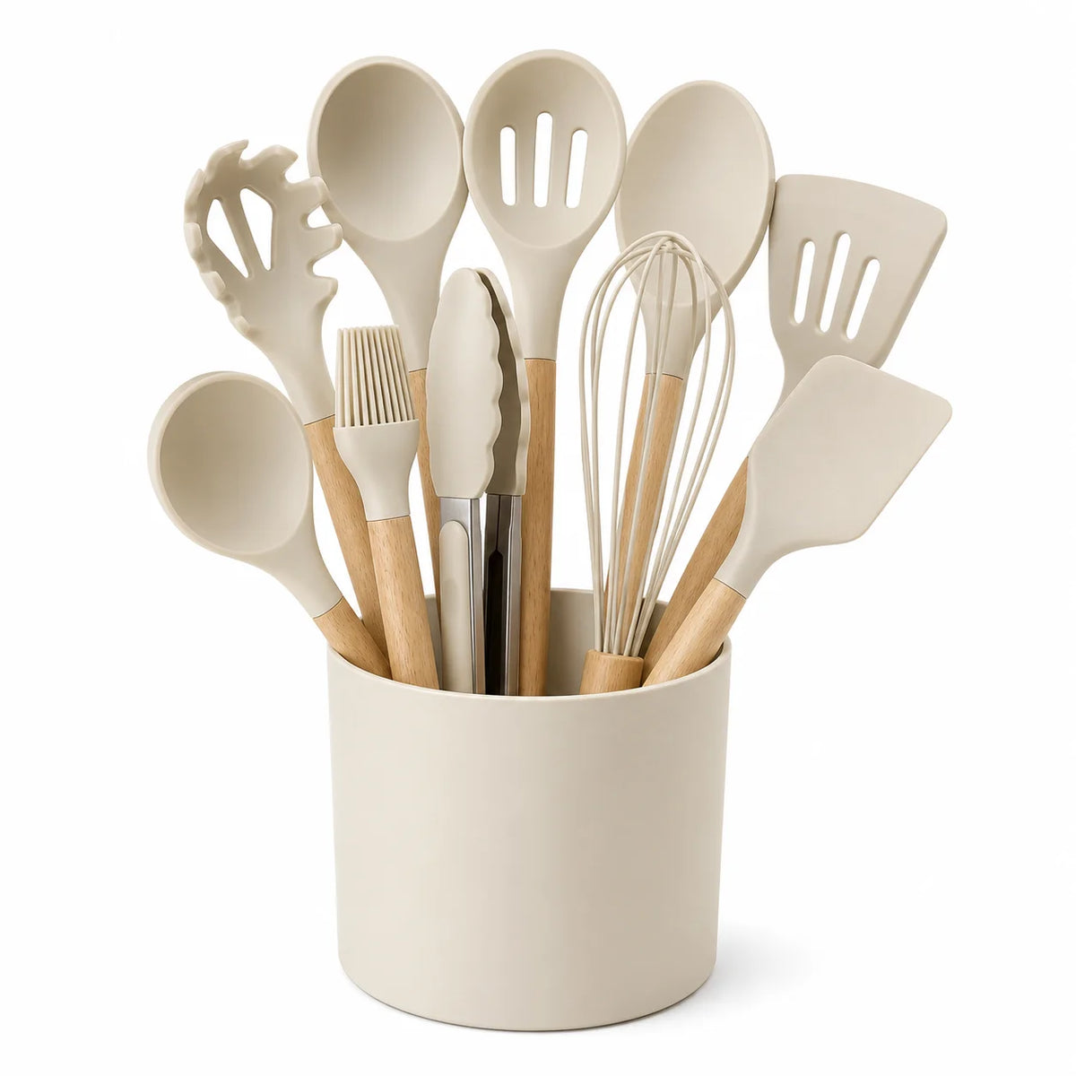 Heat Resistant Silicone Kitchen Utensils Set With Wooden Holder