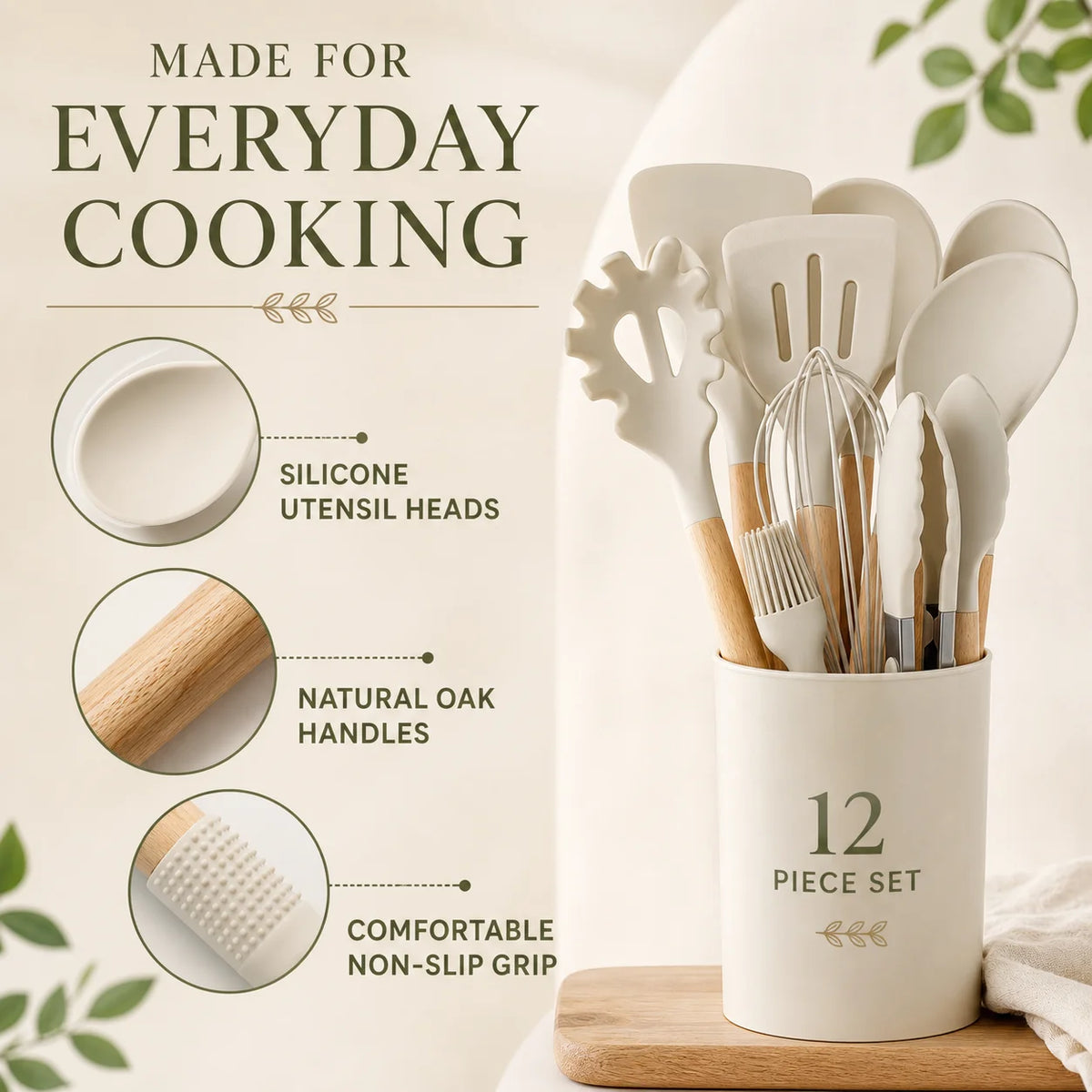 Heat Resistant Silicone Kitchen Utensils Set With Wooden Holder