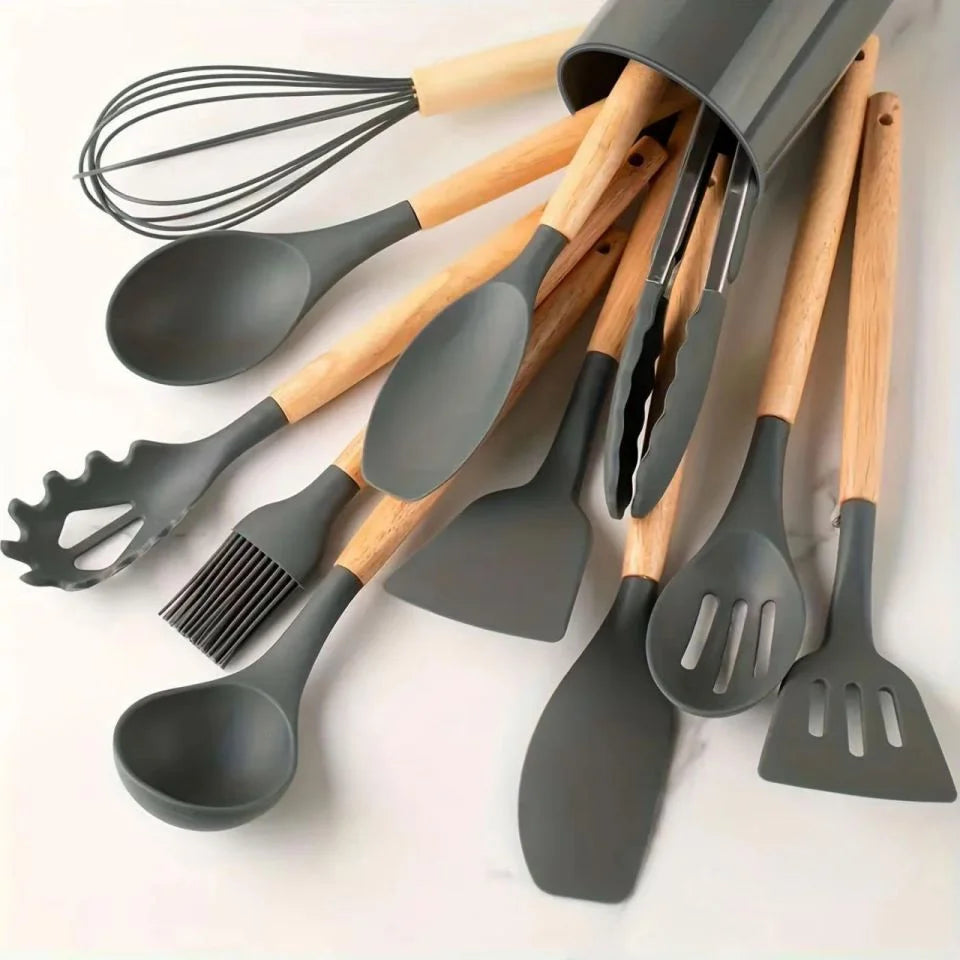 Heat Resistant Silicone Kitchen Utensils Set With Wooden Holder
