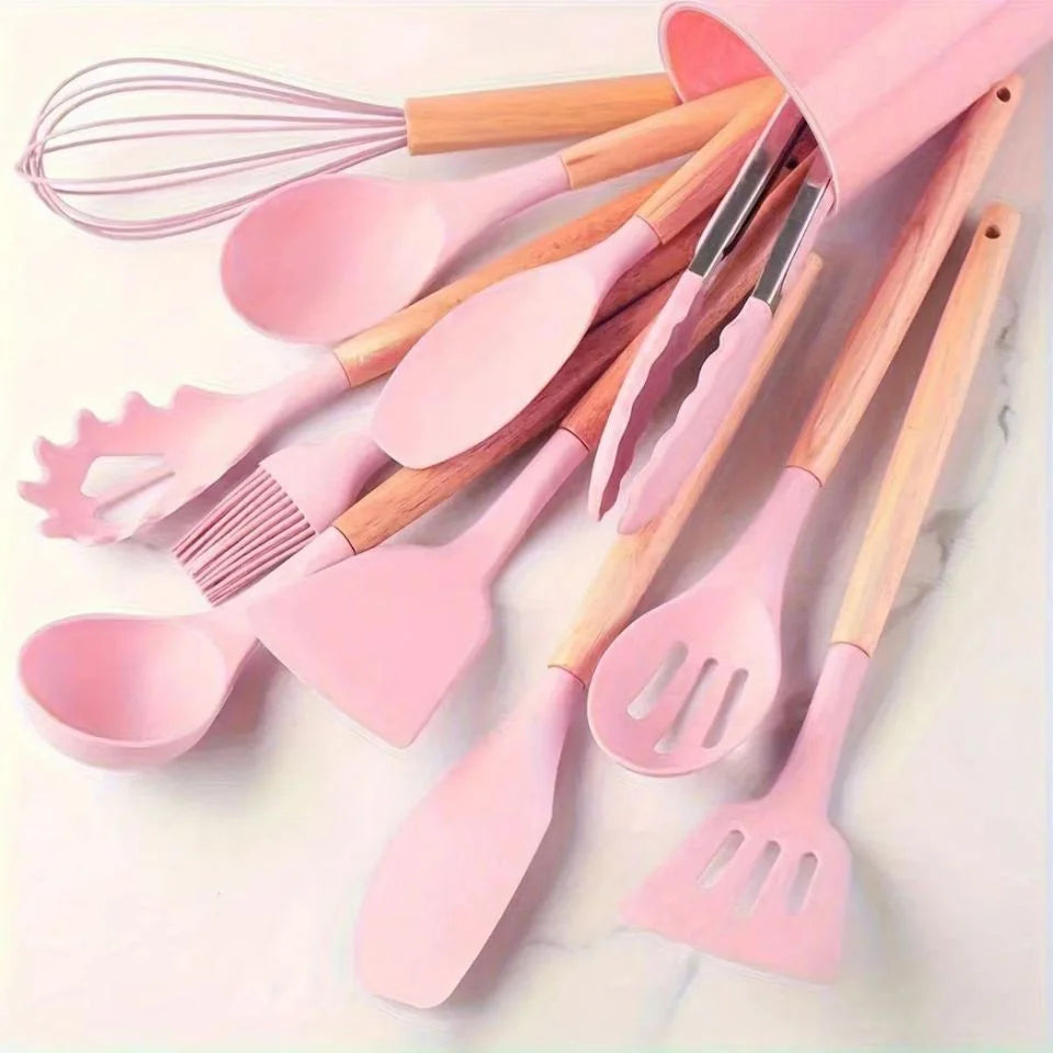 Heat Resistant Silicone Kitchen Utensils Set With Wooden Holder