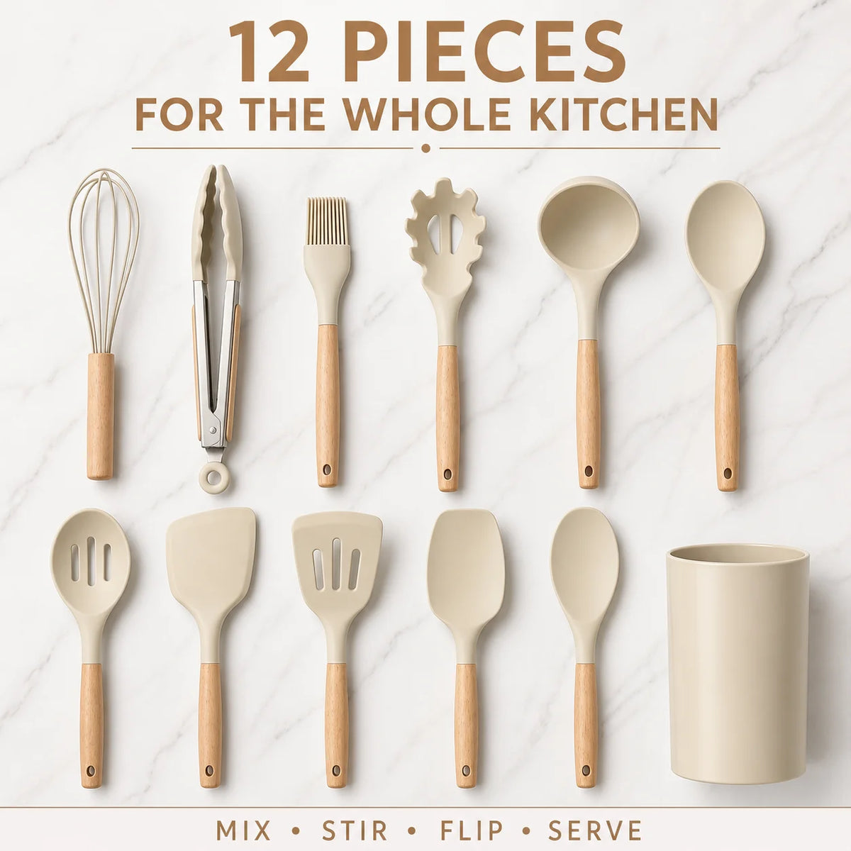 Heat Resistant Silicone Kitchen Utensils Set With Wooden Holder