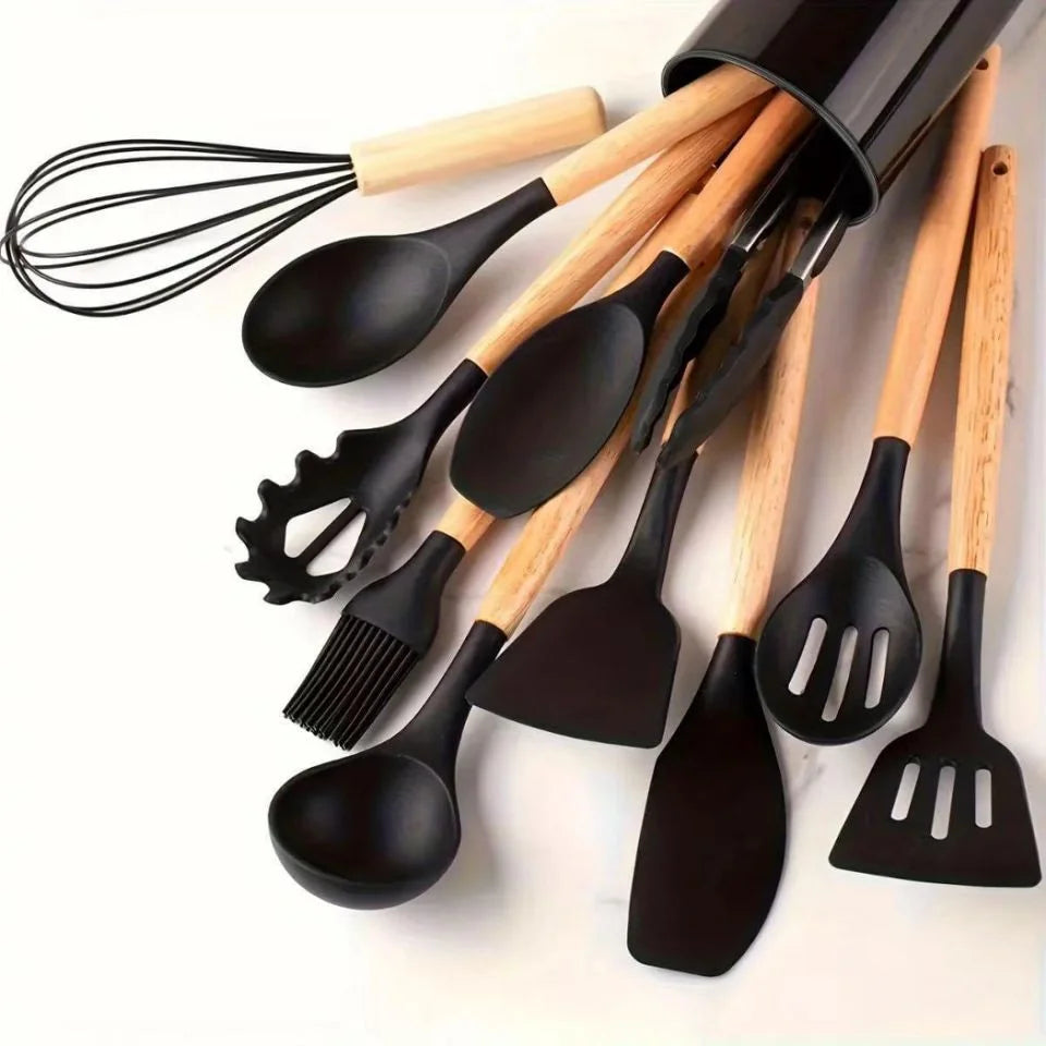 Heat Resistant Silicone Kitchen Utensils Set With Wooden Holder