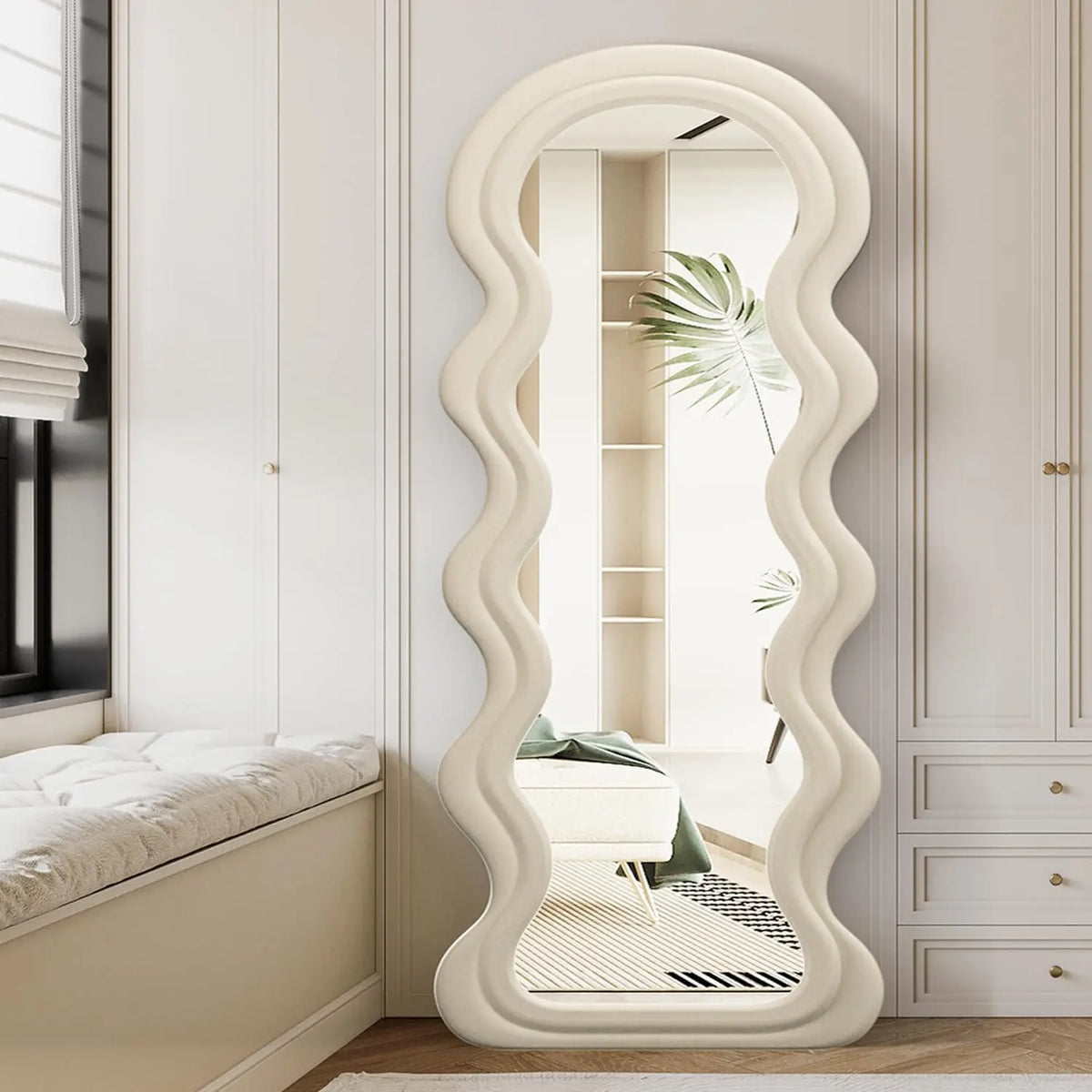 Irregular Wavy Full Length Floor Mirror With Wooden Frame