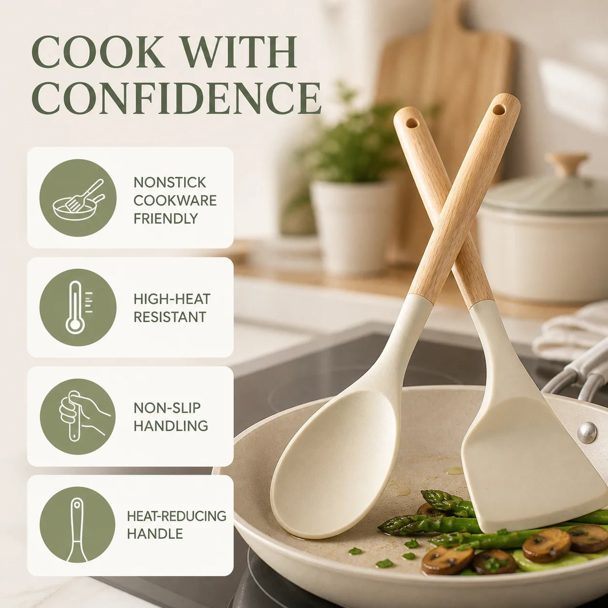 Heat Resistant Silicone Kitchen Utensils Set With Wooden Holder