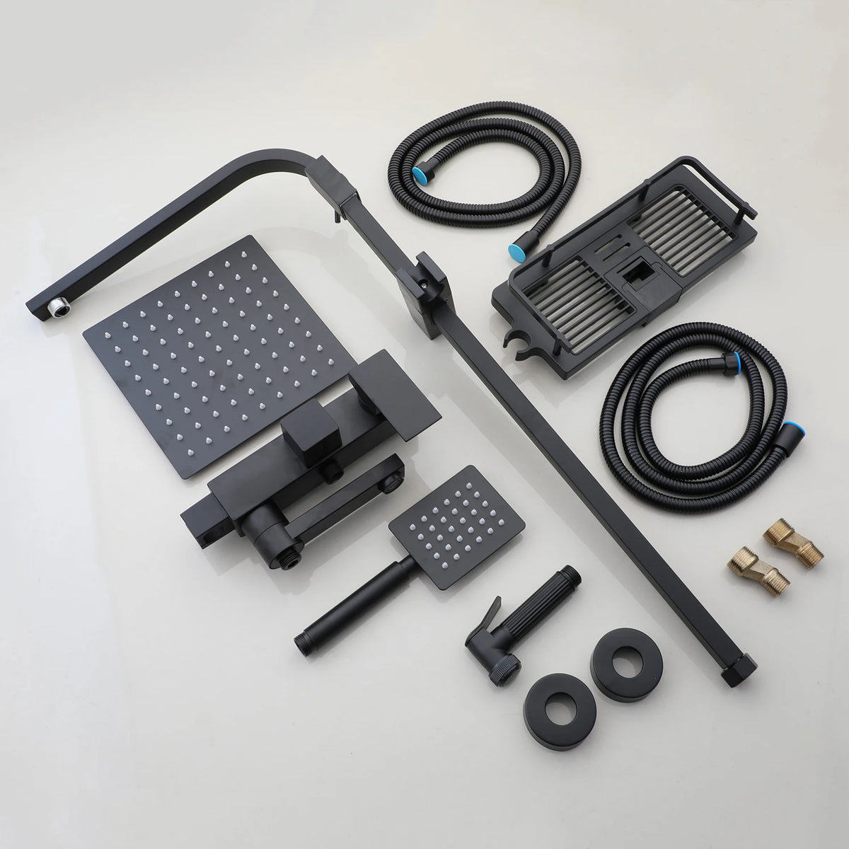 Jieni Square Rainfall Shower Faucet Set With Storage Shelf
