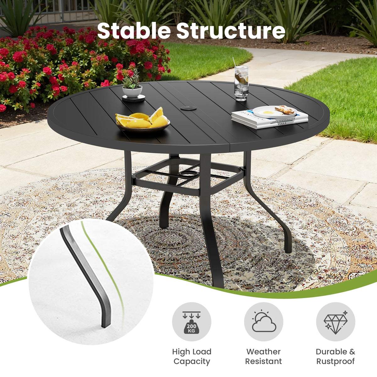 FARINI Outdoor Iron Round Patio Dining Table With Umbrella Hole