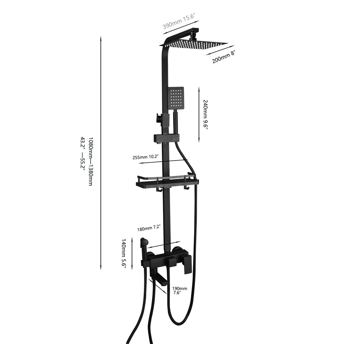 Jieni Square Rainfall Shower Faucet Set With Storage Shelf