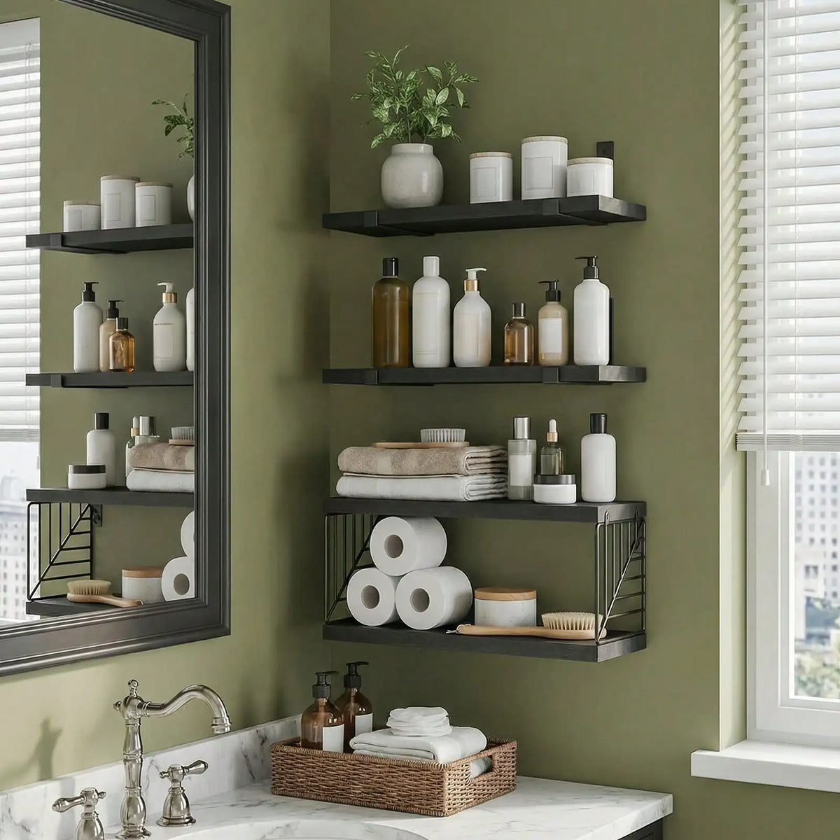 Rustic Farmhouse Wood Floating Storage Shelves For Bathroom