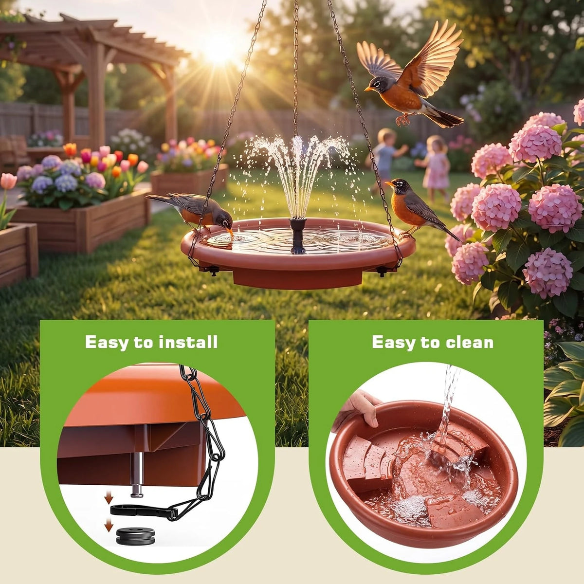 Hanging Solar Bird Bath Feeder With Fountain For Garden