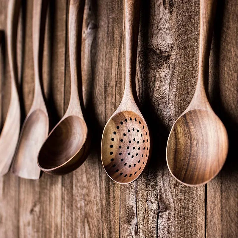 Kitchen Teak Wood Utensil Set Five Piece Spoons Server Scraper Spatula