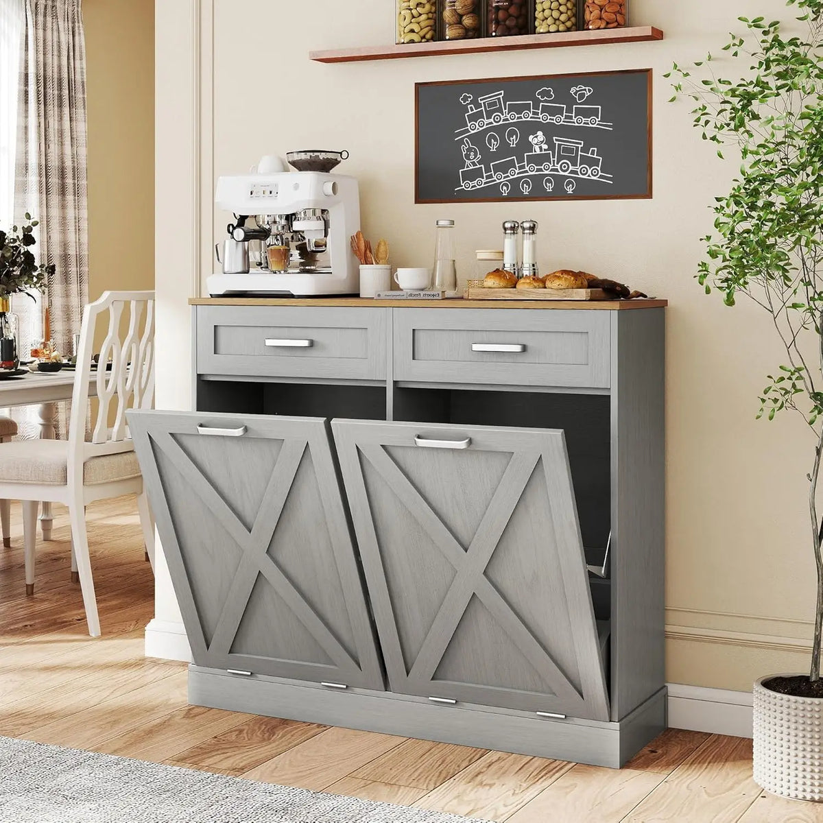 Wooden Fluted Double Tilt Out Trash Can Cabinet With Drawers
