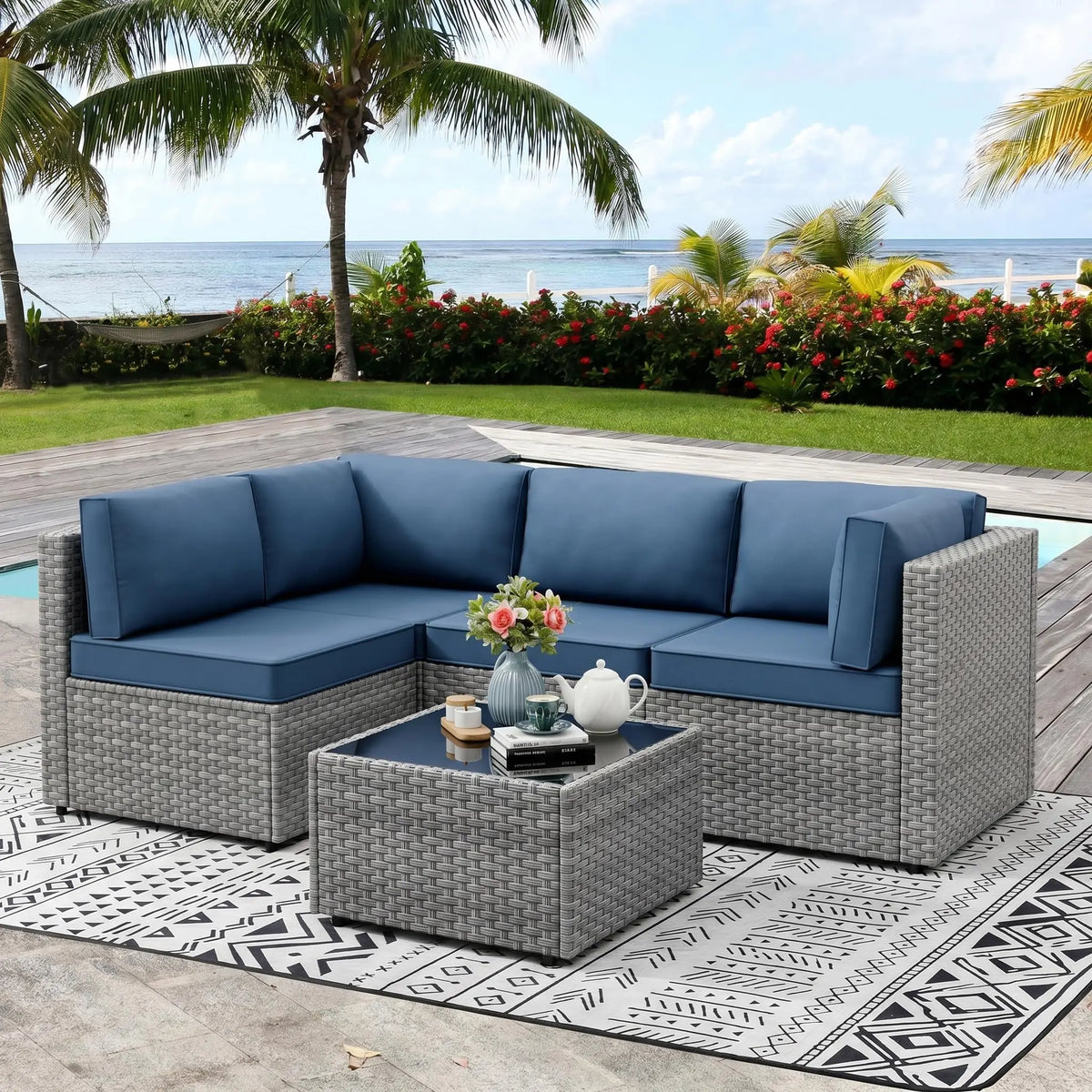 Vongrasig All Weather Rattan Patio Sectional Sofa Set Ottoman