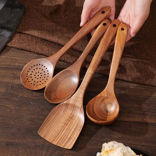 Kitchen Teak Wood Utensil Set Five Piece Spoons Server Scraper Spatula