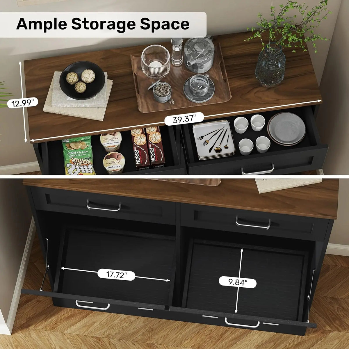 Wooden Fluted Double Tilt Out Trash Can Cabinet With Drawers