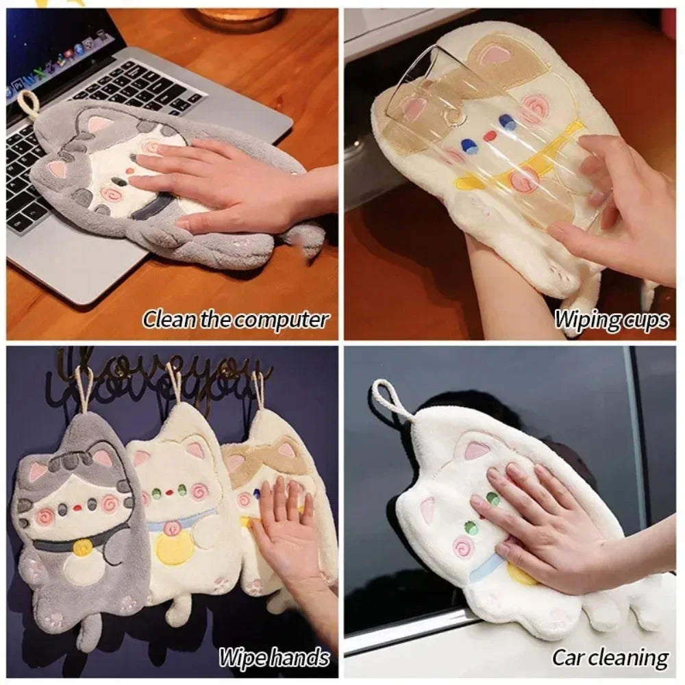 Cute Cat Cotton Hand Towel Quick Dry Bathroom Kitchen Cleaning