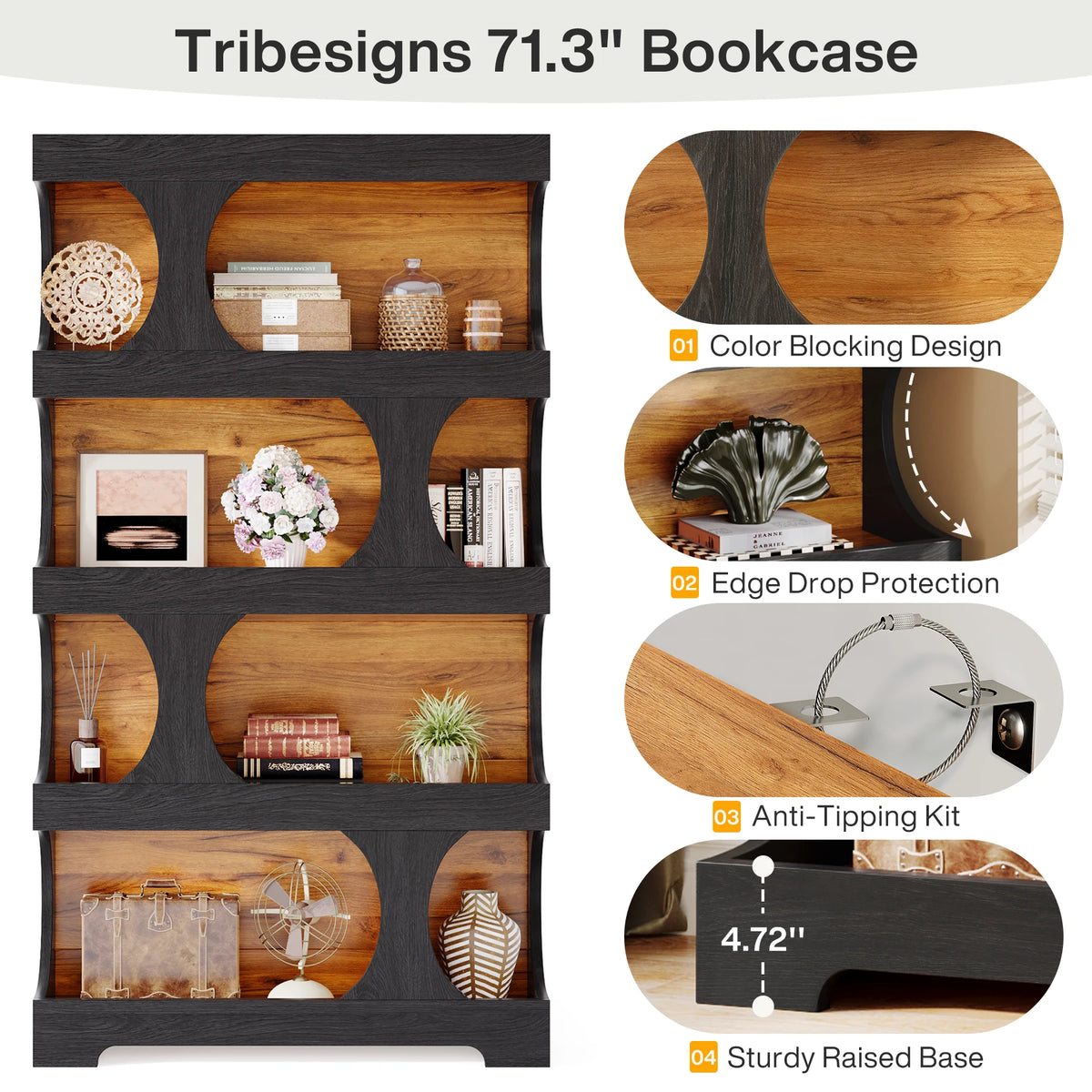 Tribesigns Four Tier S Shaped Wooden Bookcase Freestanding Display Shelf