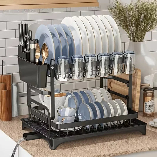 Countertop Dish Drying Rack With Automatic Drain And Cup Holder