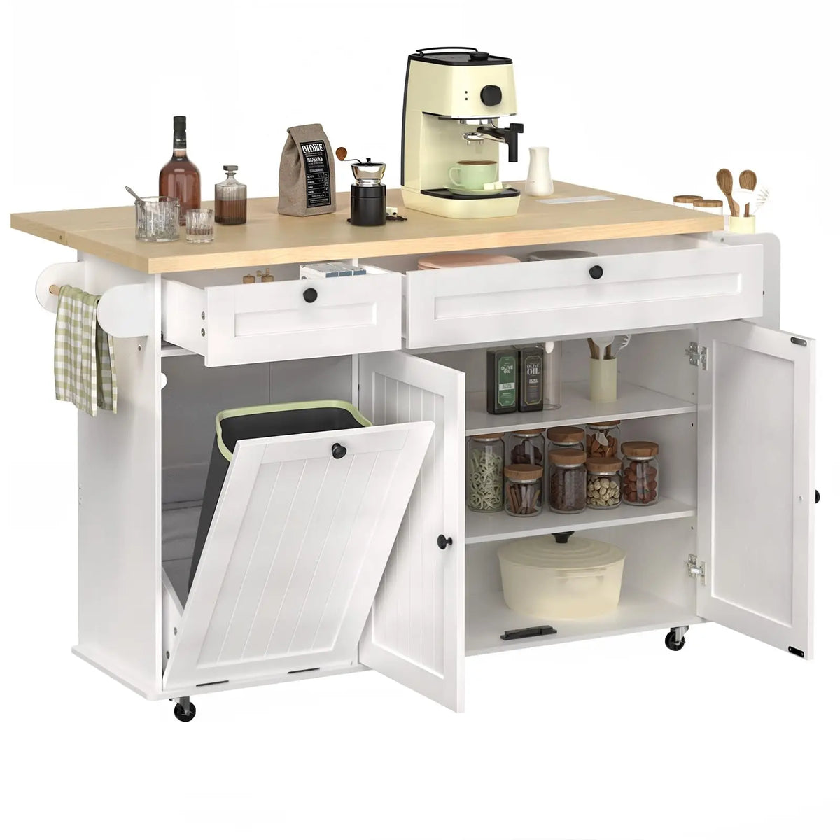 ONBRILL Mobile Kitchen Island With Power Outlet Spice Rack