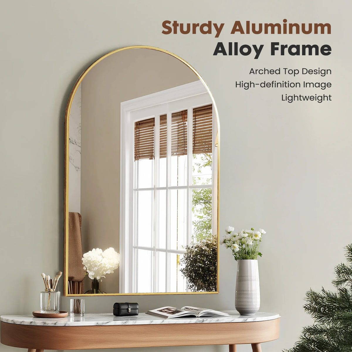 JHK Arched Metal Framed Wall Mirror For Bathroom And Hallway