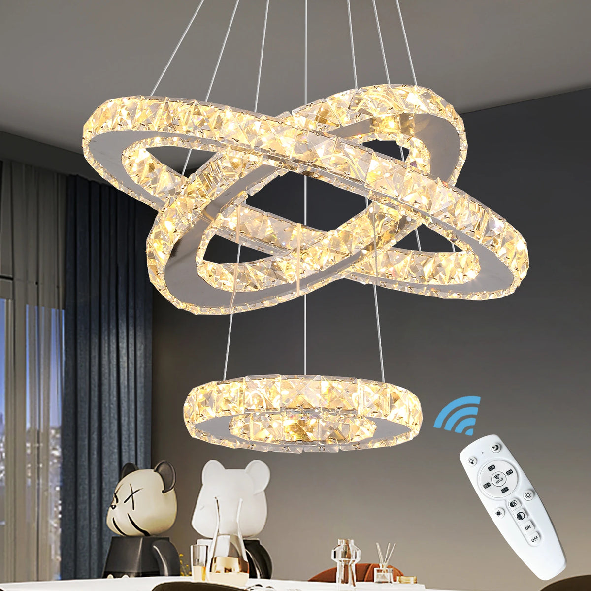 GreeLustr Modern Crystal Pendant Chandelier Ring Lights for Living Room