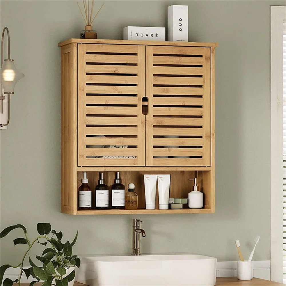 Natural Bamboo Wall Mounted Cabinet for Bathroom and Kitchen Storage
