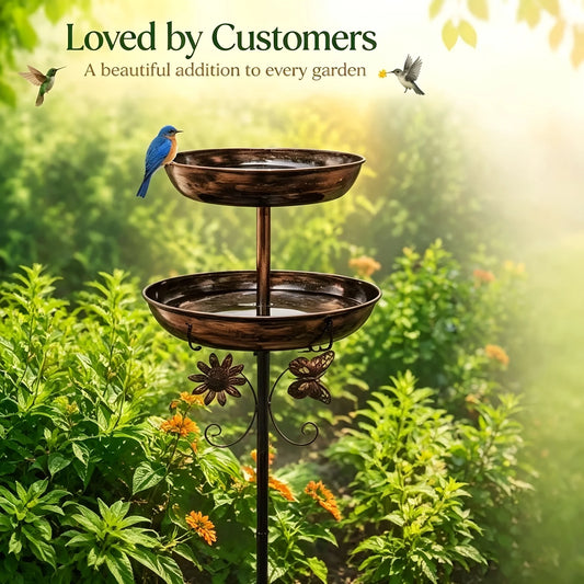 Vintage Dual Layer Metal Bird Bath And Hummingbird Feeder Set