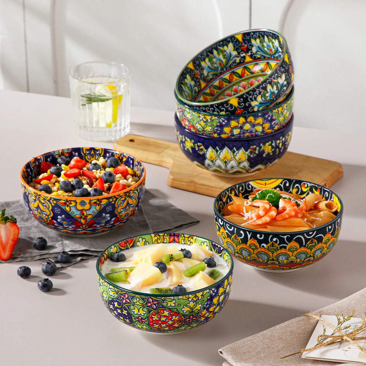 MALACASA Ceramic Cereal Bowls Set Bohemian Style For Salad Pasta
