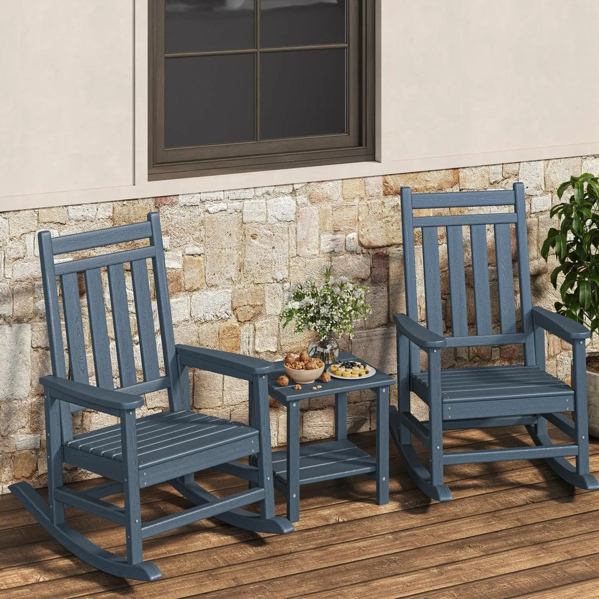Twister HDPE Outdoor Patio Rocking Chair Set With Table