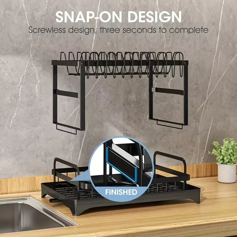 Countertop Dish Drying Rack With Automatic Drain And Cup Holder