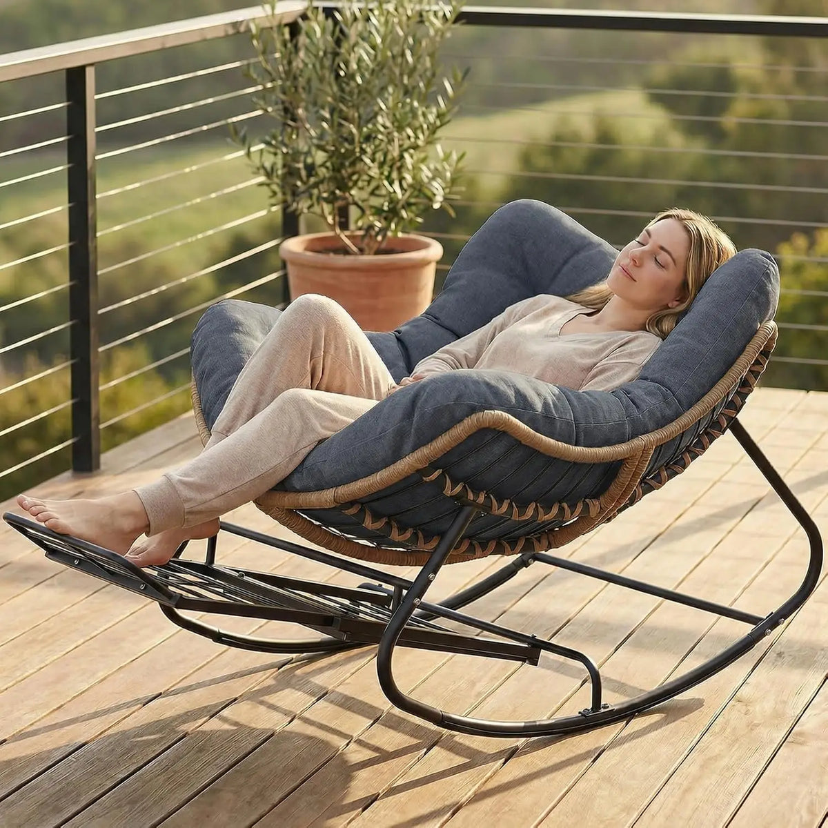 Rattan Rocking Chair With Footrest For Outdoor Patio Garden