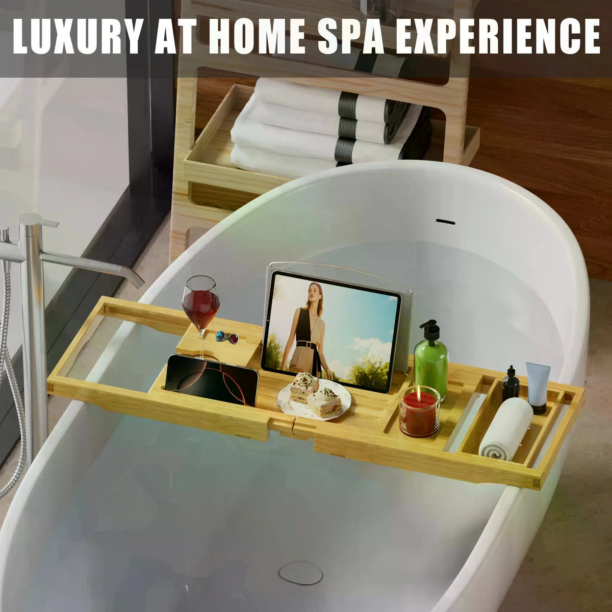 Collapsible Bamboo Bathtub Caddy Tray With Silicone Pad