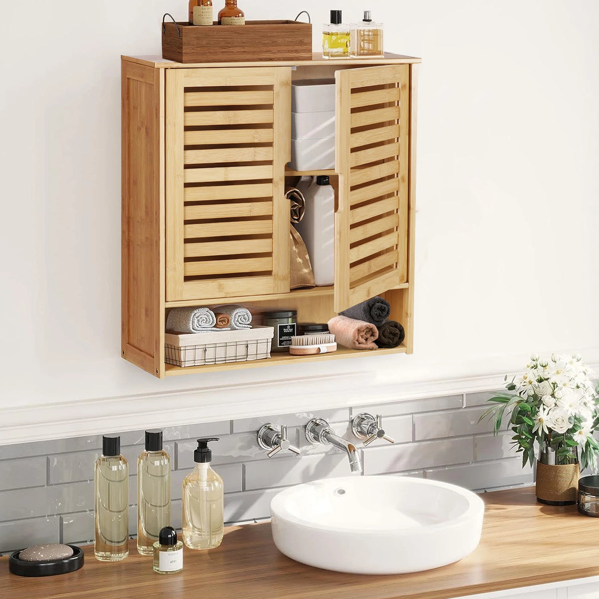 Wisfor Wall Mounted Bamboo Bathroom Cabinet Medicine Cupboard Organizer