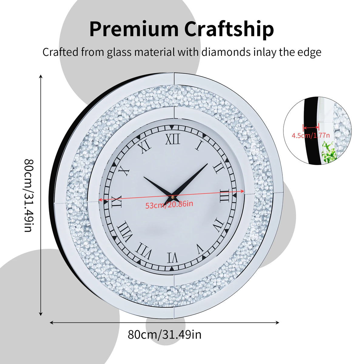 Round Mirror Wall Clock Crystal Sparkle Bling for Wall Decoration