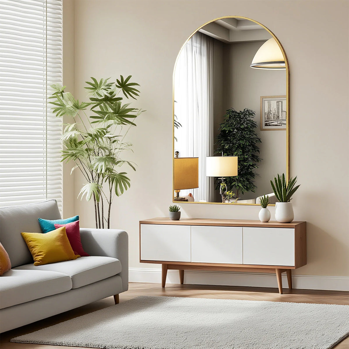 JHK Arched Metal Framed Wall Mirror For Bathroom And Hallway
