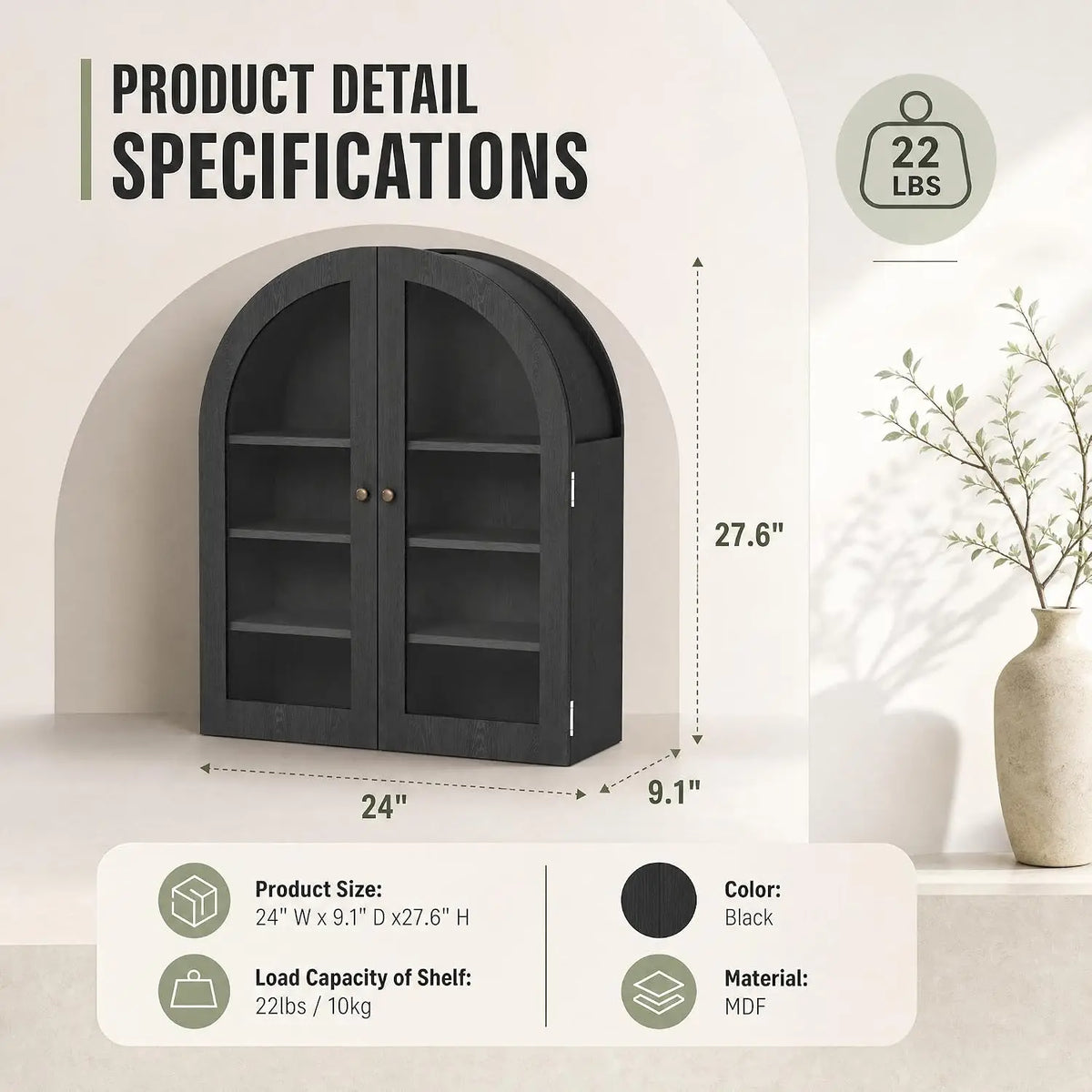 Wood Frame Arched Wall Cabinet With Adjustable Shelves For Bathroom