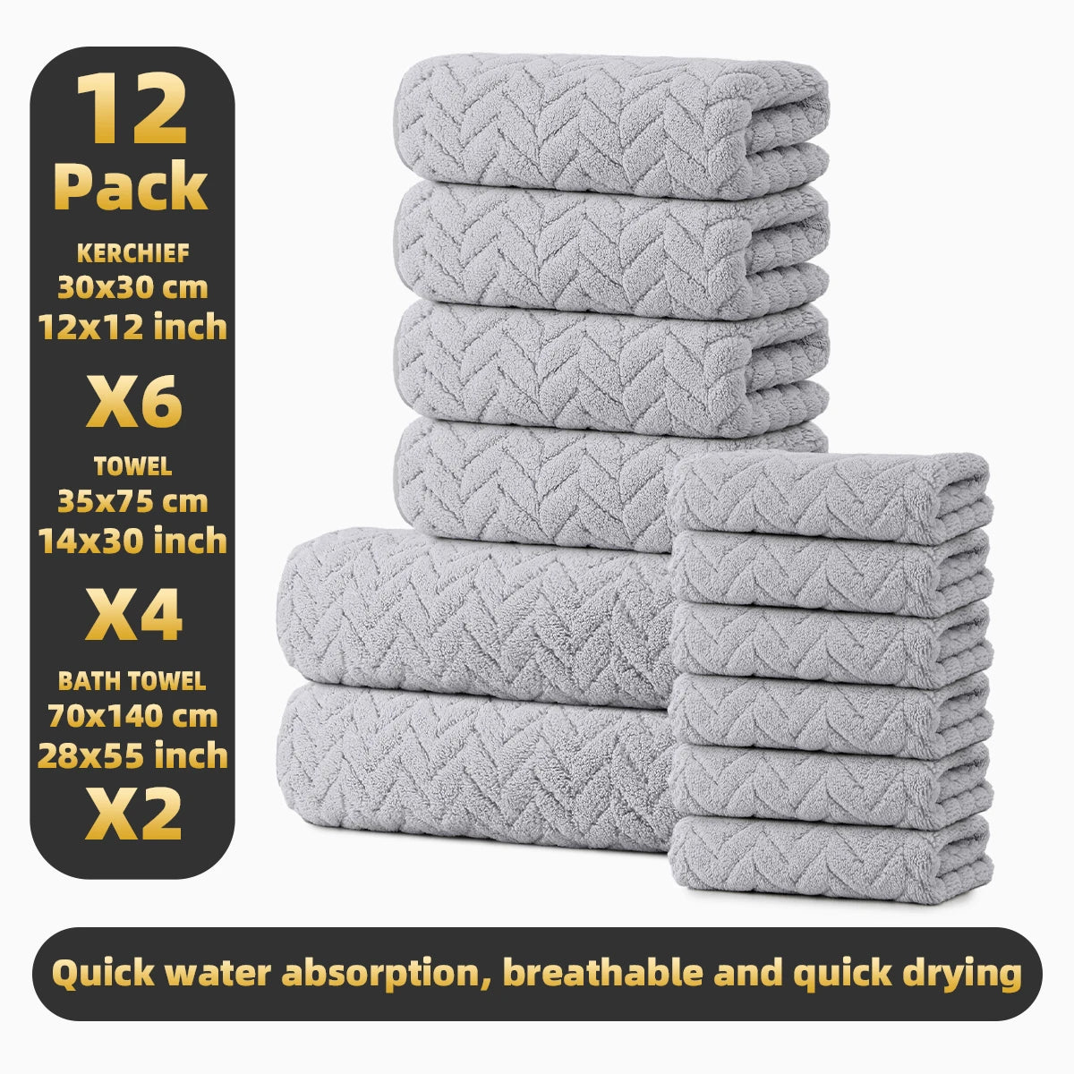 Premium 12 Piece Microfiber Bath Towel Set With High Absorbency
