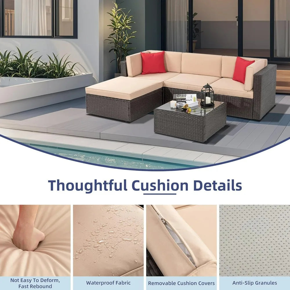 Vongrasig All Weather Rattan Patio Sectional Sofa Set Ottoman
