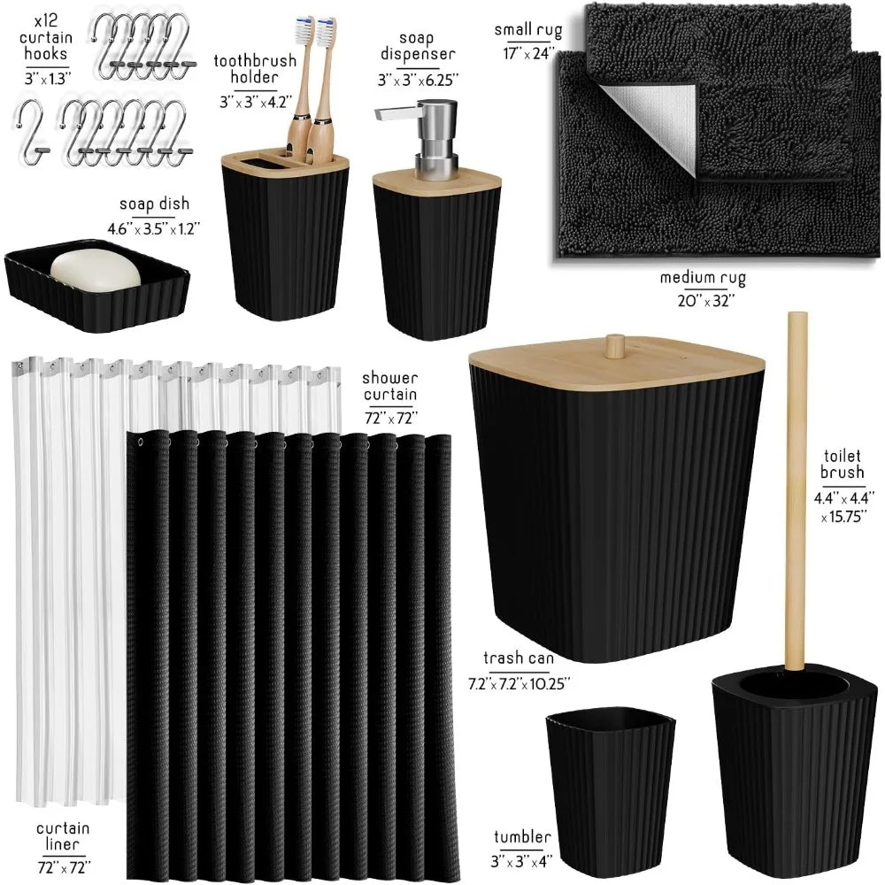 Complete Bathroom Accessories Set With Shower Curtain And Rug