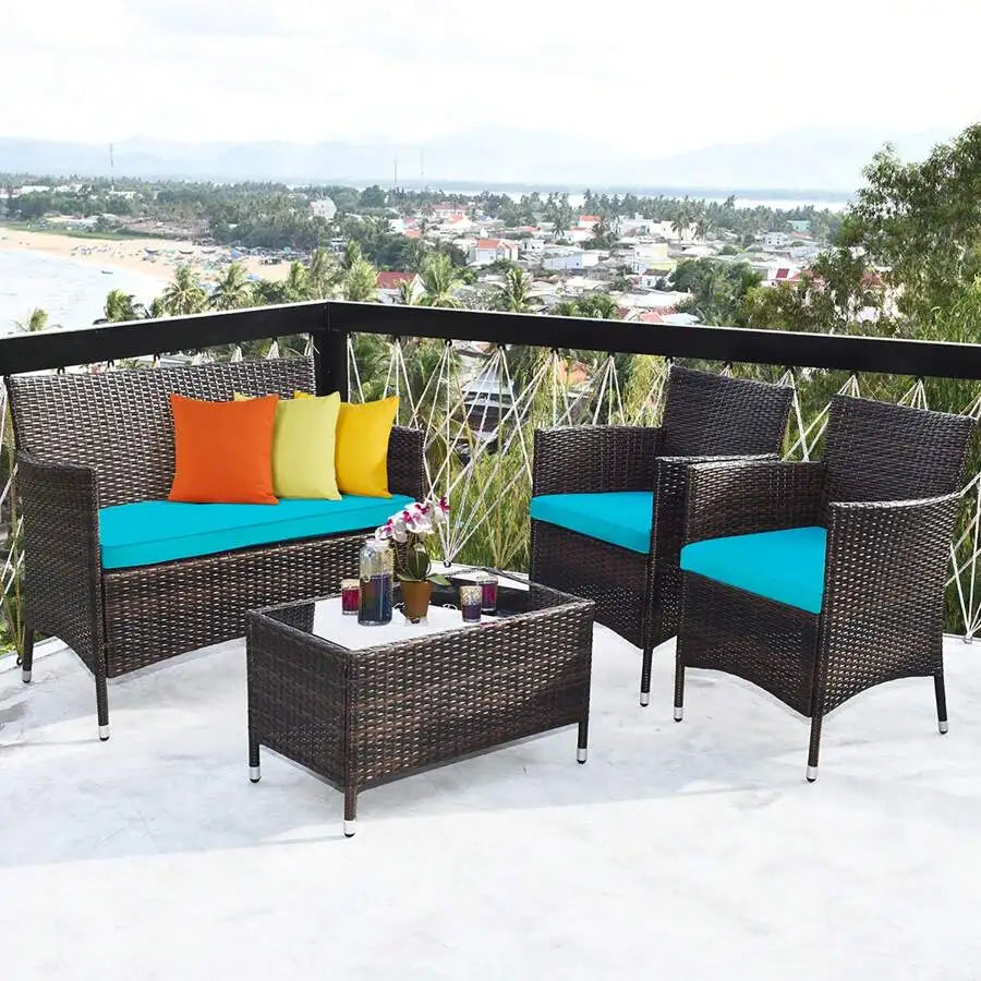 Rattan Patio Furniture Set With Cushioned Sofa And Coffee Table